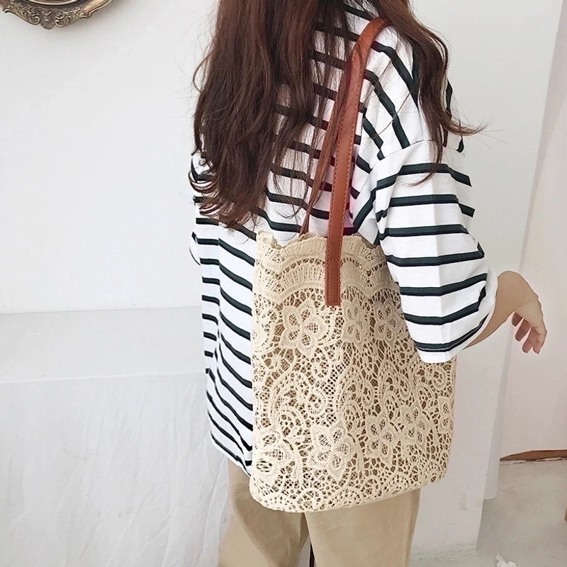 Women's Medium Spring&summer Cotton Beach Shoulder Bag Bucket Bag Straw Bag