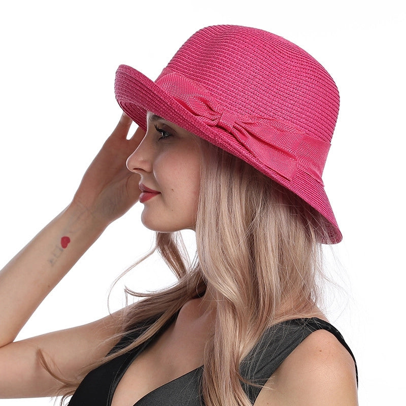 Women's Casual Retro Solid Color Bowknot Crimping Straw Hat