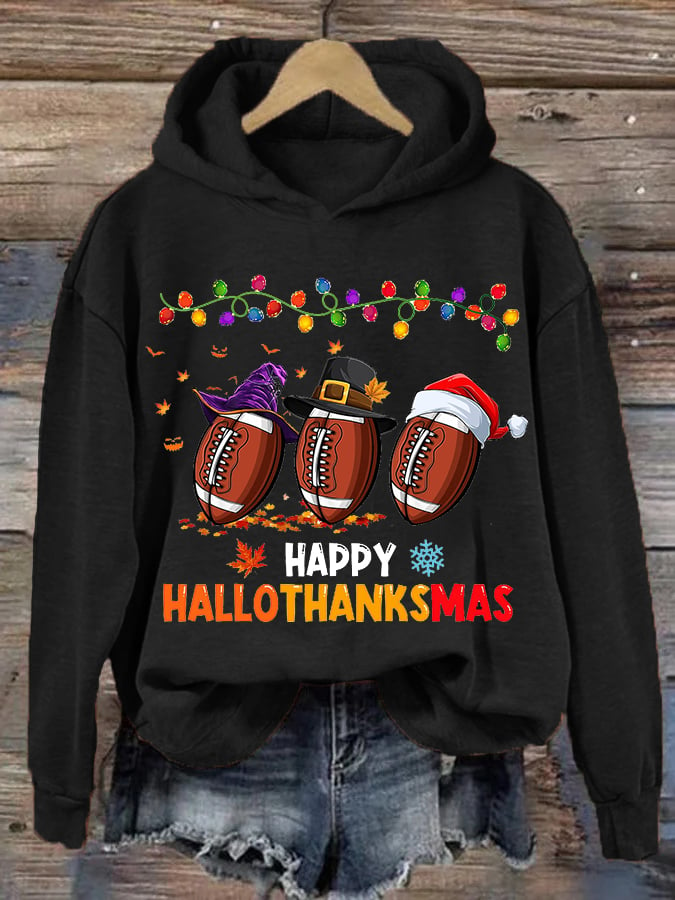 Women's Happy Hallothanksmas Football Print Hoodie