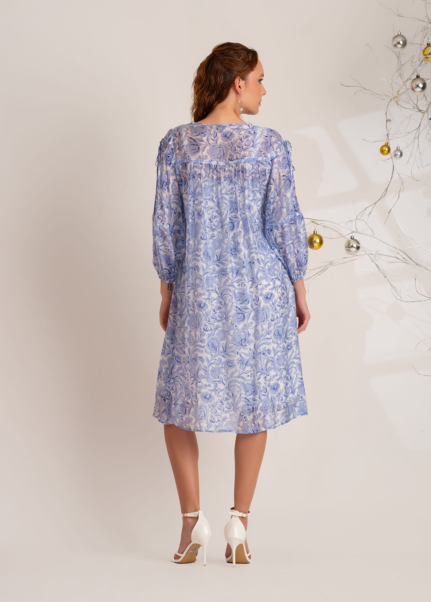 Long Sleeve Printed V Neck Dress