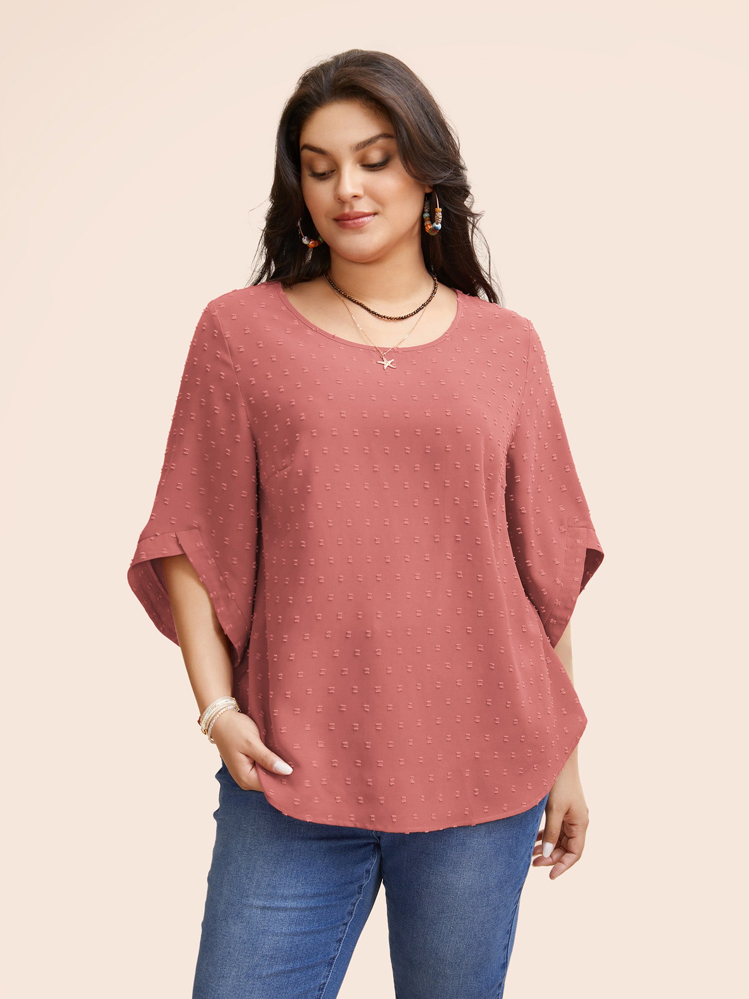 Textured Round Neck Bell Sleeve Blouse