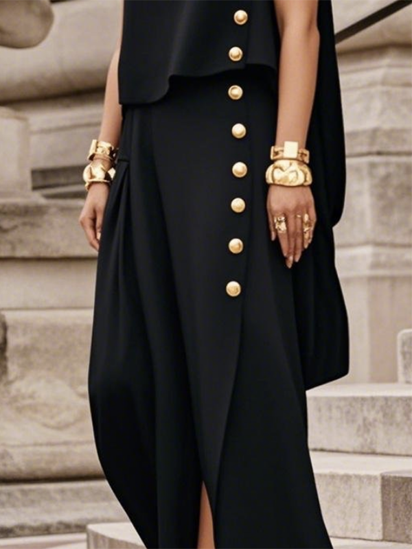 Loose Sleeveless Buttoned Solid Color Round-Neck Maxi Dresses