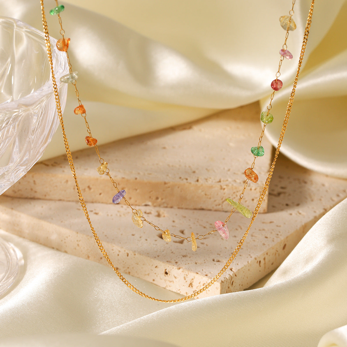 Ins Style Personality Trend Double Layer Necklace 18K Gold Stainless Steel Clavicle Chain Color Gravel Chain
