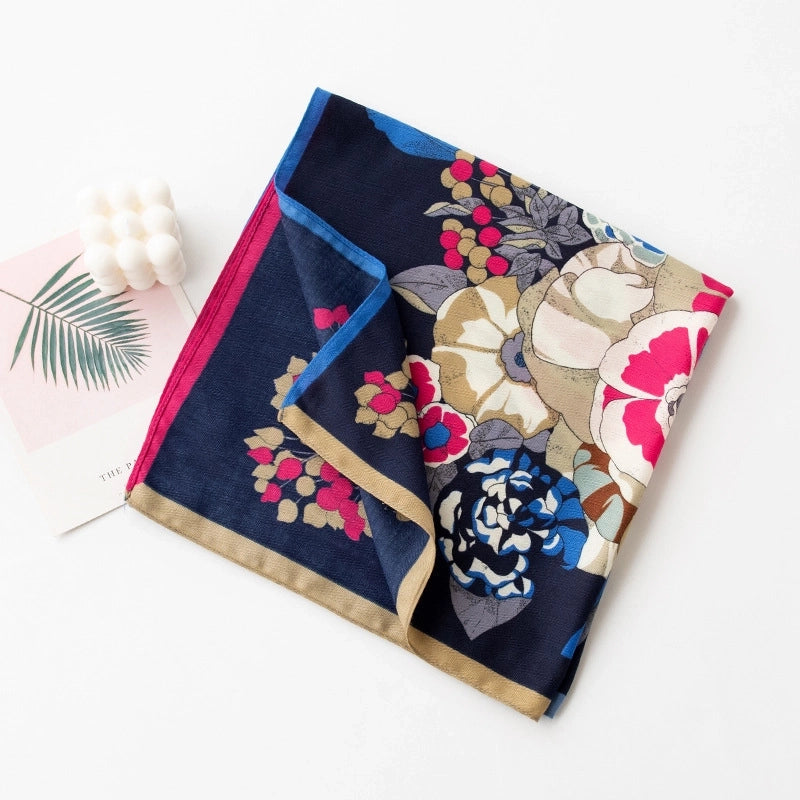 Women's Retro Plaid Flower Satin Silk Scarf