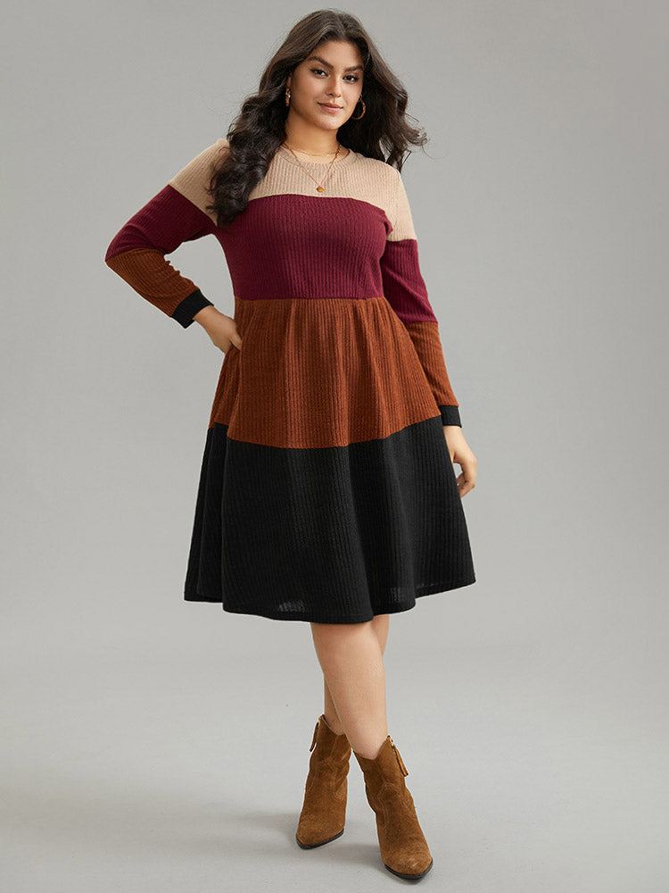 Colorblock Rib Knit Pocket Patchwork Dress