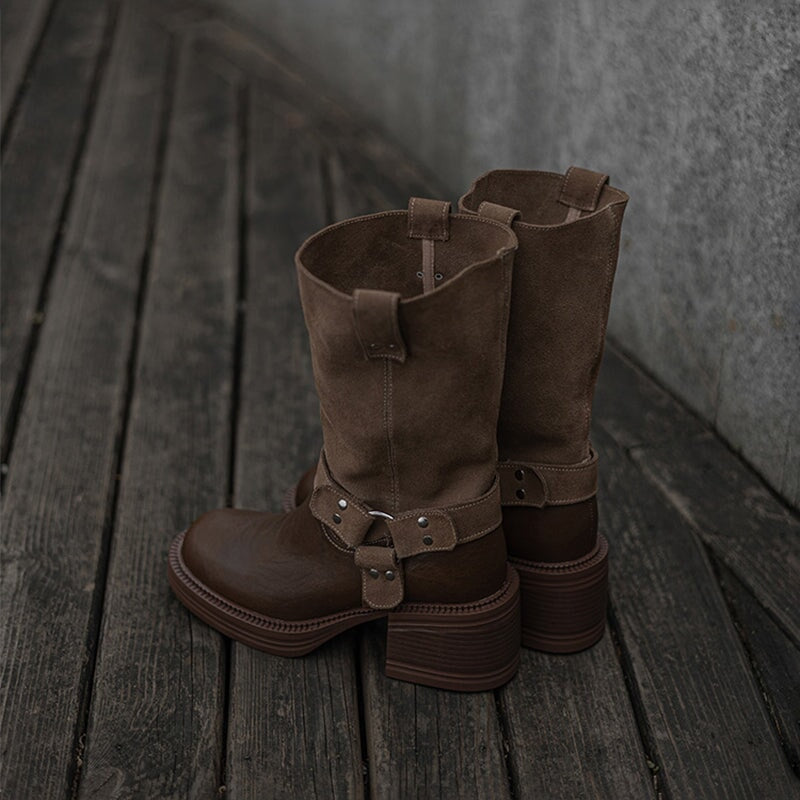 Women's Leather Western Boots Block Heel Mid Calf Boots for Autumn/Winter