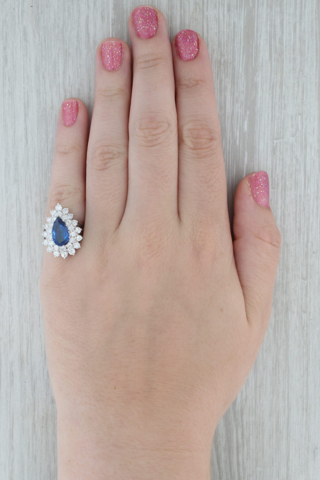 4.04ctw Diamond Lab Created Spinel Pear 14K White Gold Cocktail Ring Sz 5.75