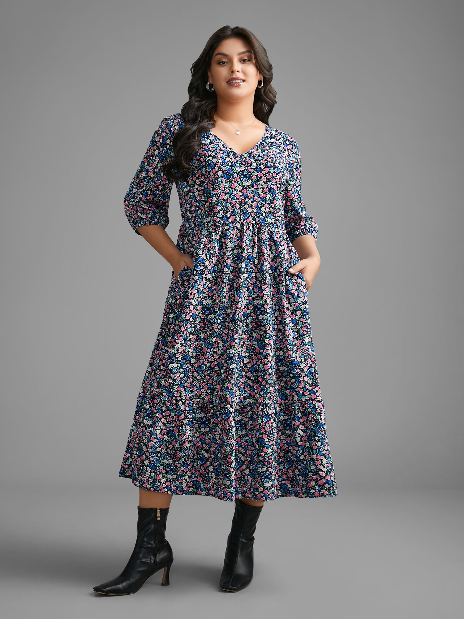 Ditsy Floral Lantern Sleeve Ruffle Hem Dress