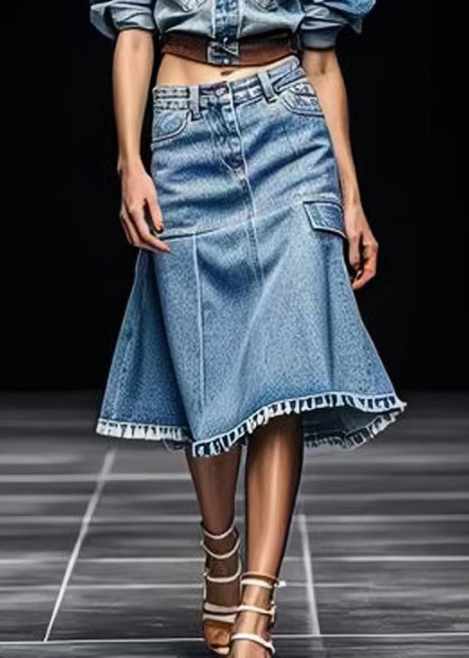 French Blue Pockets High Waist Patchwork  Skirt Summer