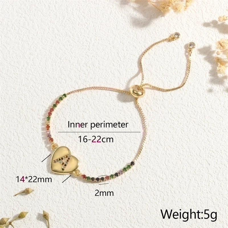 Copper 18K Gold Plated Elegant Romantic Sweet Letter Heart Shape Inlay Zircon Bracelets