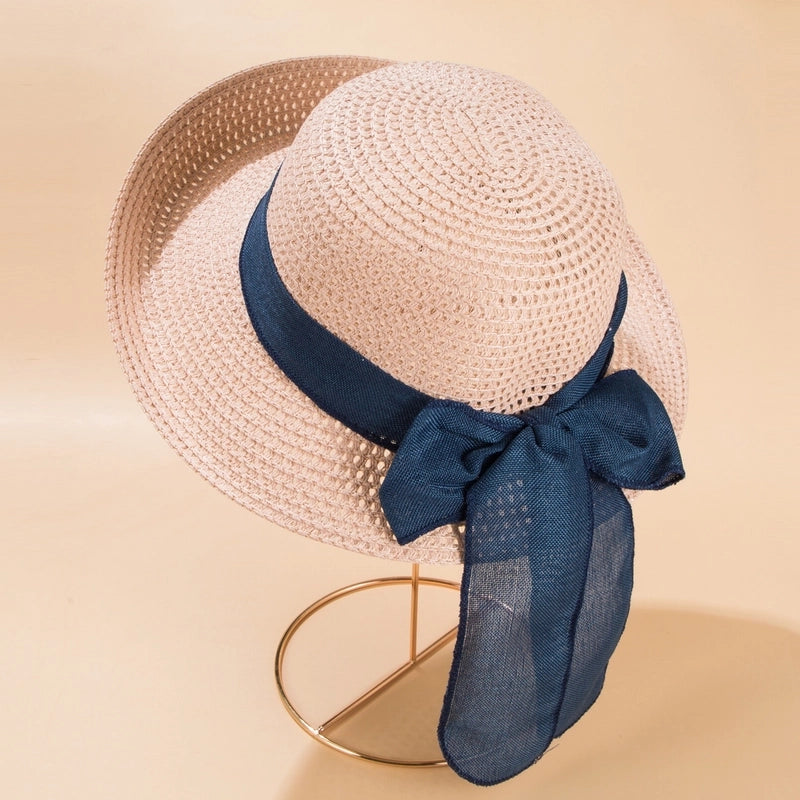 2022 New Fashion Bow Ribbon Straw Sun Protection Beach Hat For Women