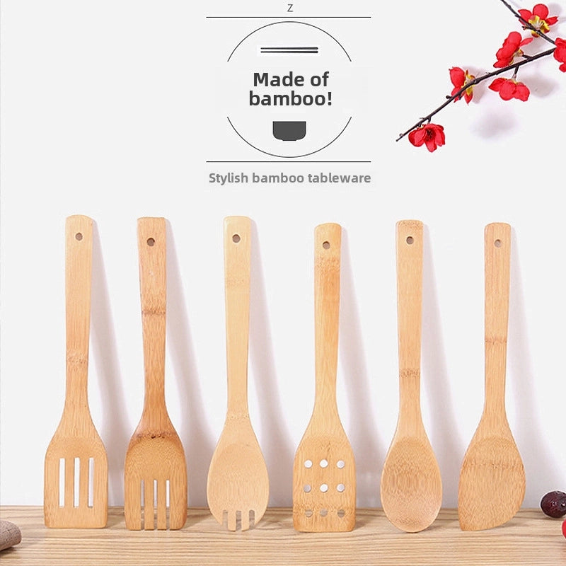 Long Handle Bamboo Spatula Bamboo Cooking Kitchenware Bamboo Spoon Kitchen Frying Spatula High Temperature Resistant Bamboo Colander Non-stick Spatula Set
