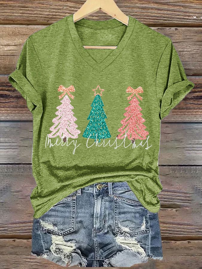 Women's Sequined Merry Christmas Tree Print Casual T-shirt