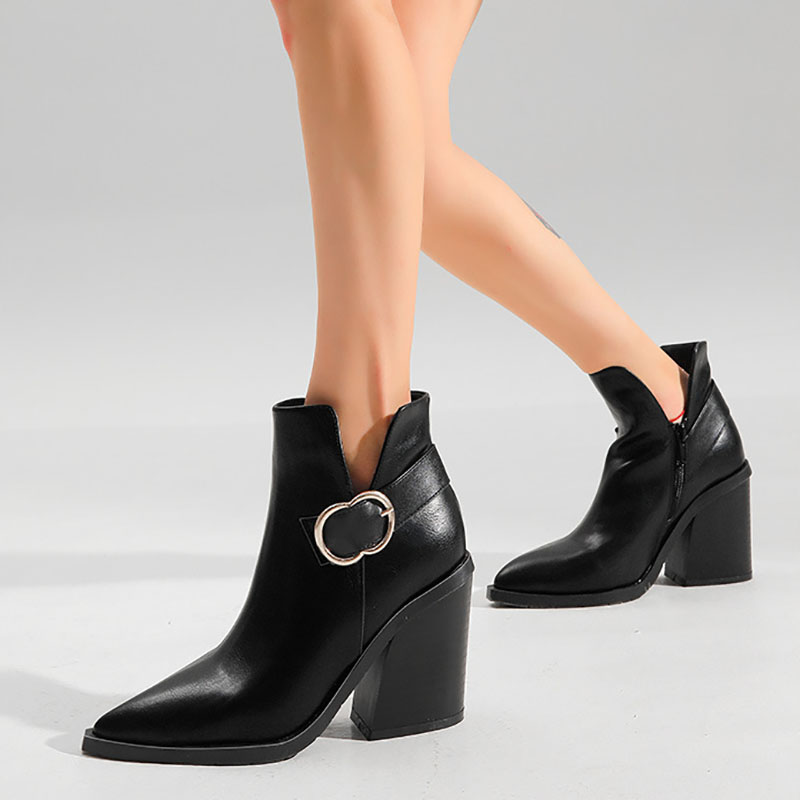 Metal Buckle Pointy Toe Chunky Heels Slit Ankle Boots