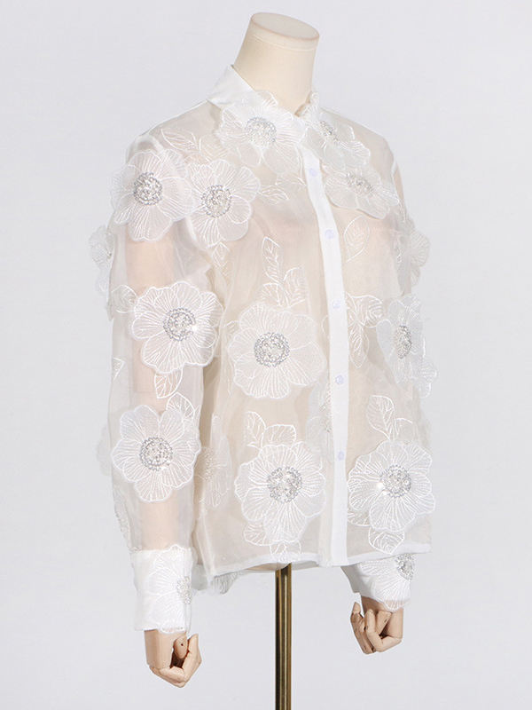 Long Sleeves Loose Buttoned Embroidered See-Through Three-Dimensional Flower Lapel Blouses&Shirts Tops