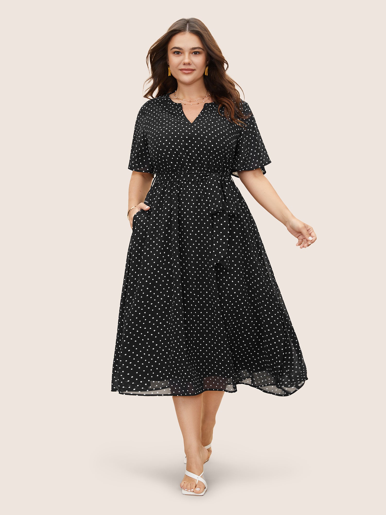 Chiffon Polka Dot Ruffle Sleeve Dress