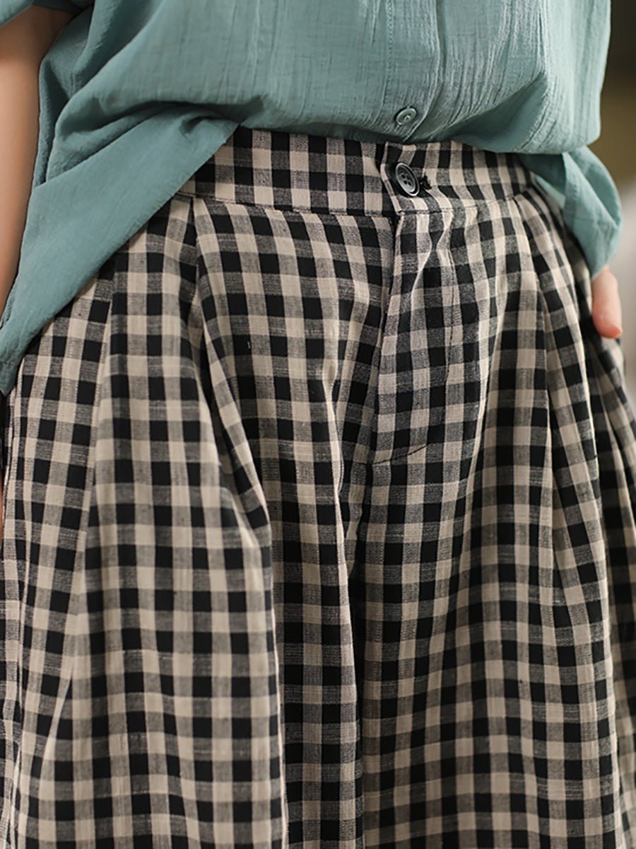 Women Summer Vintage Plaid Cotton Wide-leg Pants