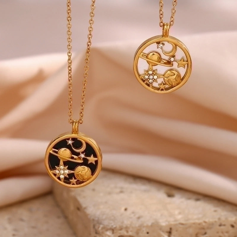 Fashion Round Star Moon Stainless Steel Inlay Rhinestones 18k Gold Plated Pendant Necklace