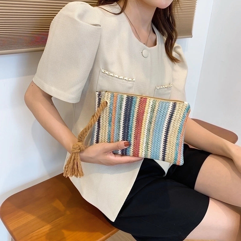 White Brown Green Straw Stripe Square Evening Bags