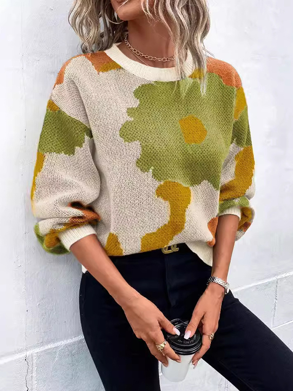 Loose Puff Sleeves Asymmetric Knitted Flower Split-Joint Round-Neck Sweater Tops