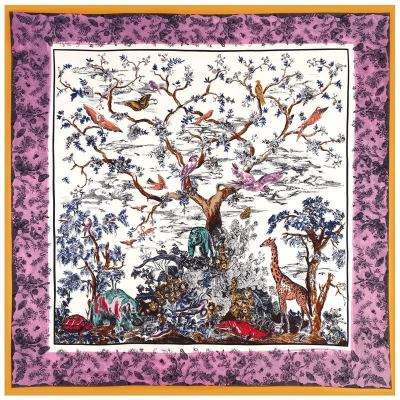 New Style Silk Scarf Forest Animal Print 130cm Twill Silk Large Square Scarf For Ladies