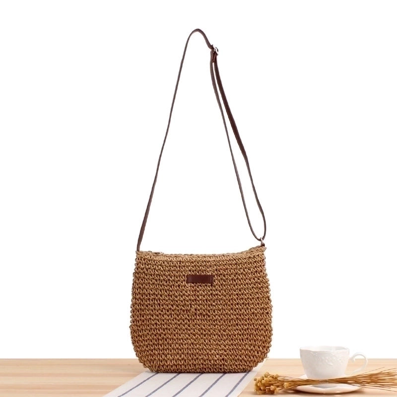 Women's Small Spring&summer Straw Solid Color Vacation Square Zipper Straw Bag