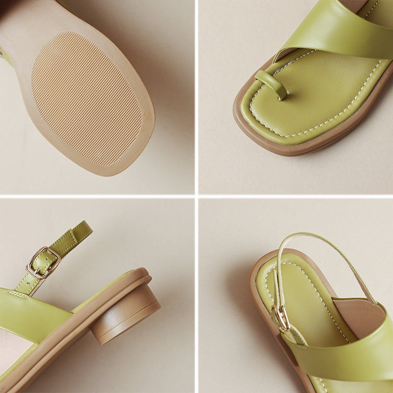 Fashion Cow Leather Toe Ring Roman Sandals with Cylinder Heel in Green/Butter Yellow
