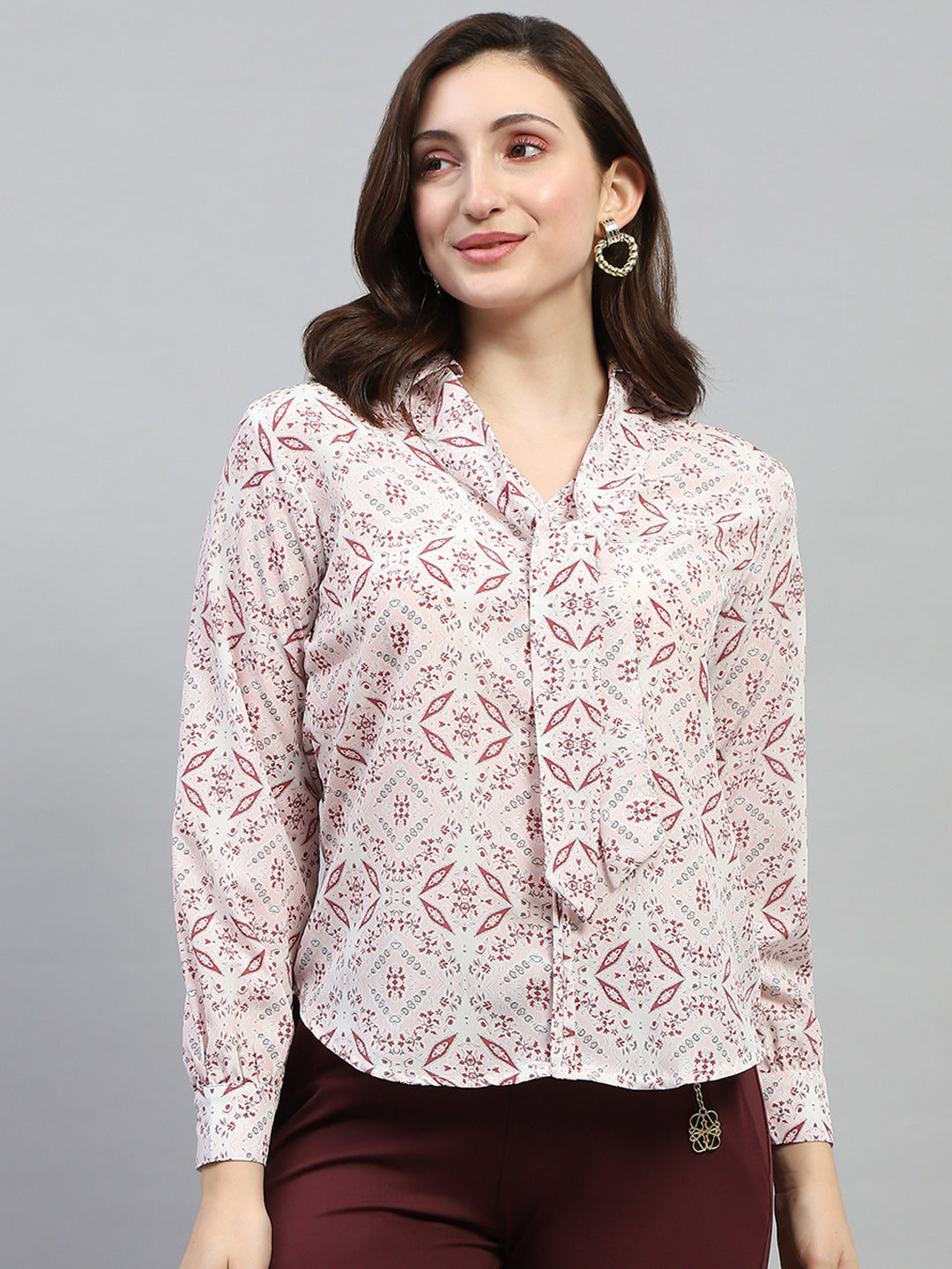 Women Pink Printed Collar Full Sleeve Top