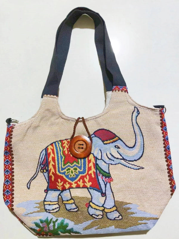 Women's Large Canvas Elephant Ethnic Style Square Zipper Shoulder Bag