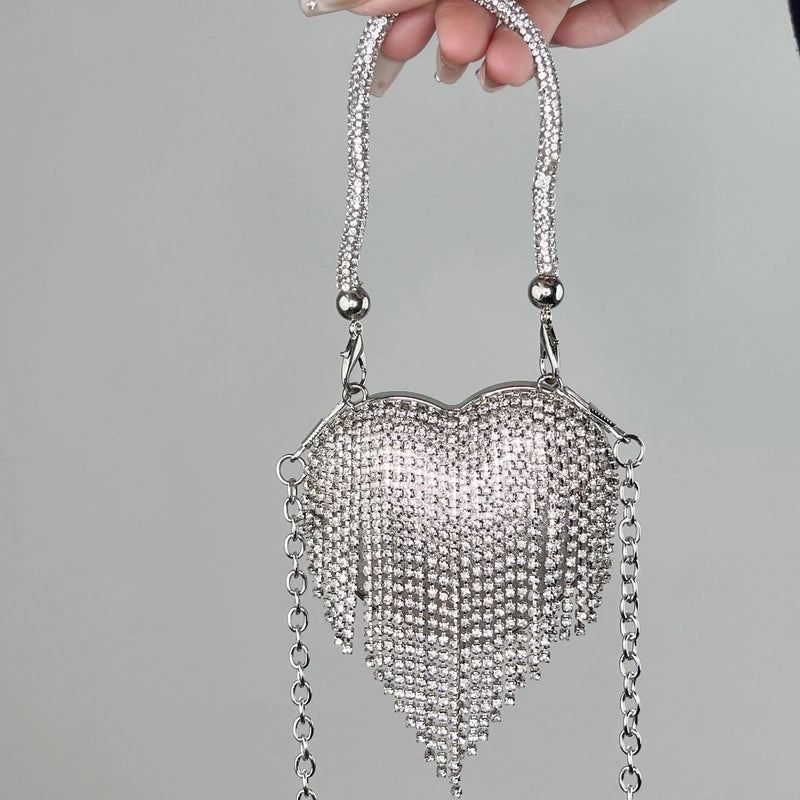 Silver Tassel Love Portable Silver Big Diamond Love Portable Silver Small Diamond Love Portable Plastic Metal Heart Shape Tassel Heart-shaped Evening Bags