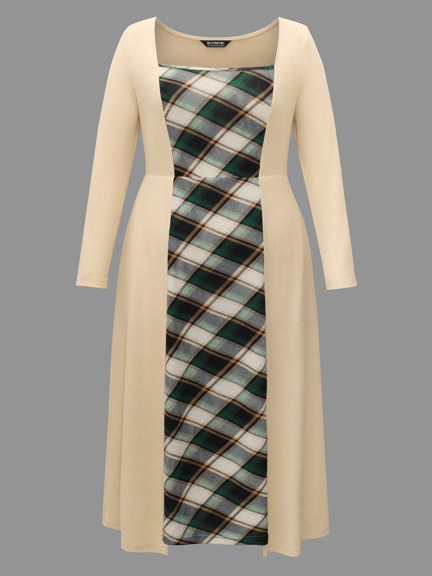 Square Neck Plaid Patchwork Knit Dress