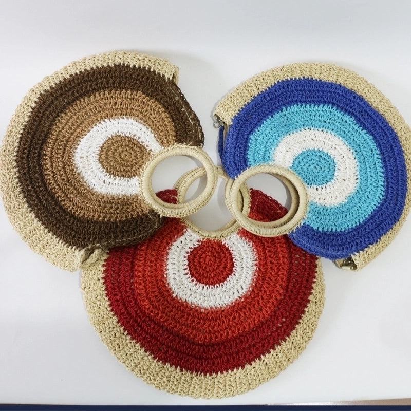Women's Medium Straw Geometric Vintage Style Weave Round Zipper Straw Bag
