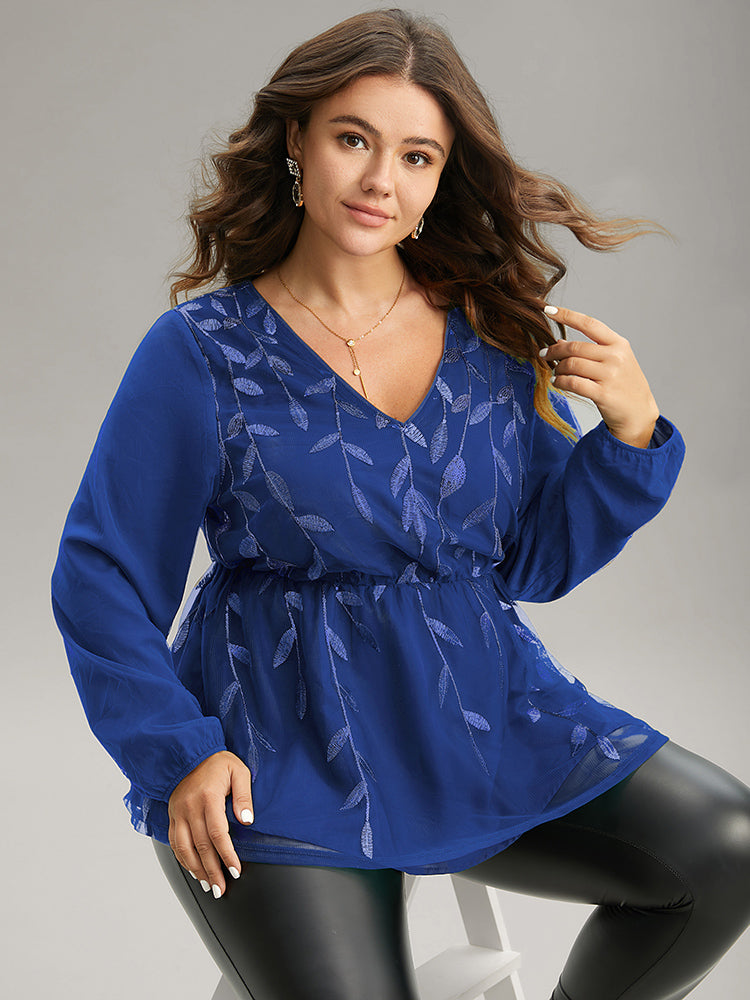 Leaves Embroidered Sequin Tiered Mesh Blouse