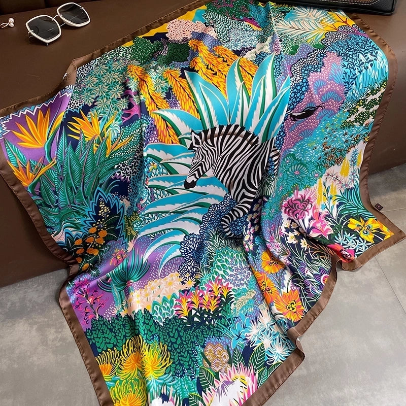 Fashion Light Luxury 90cm Simulation Silk Scarf Simple Striped Large Square Scarf