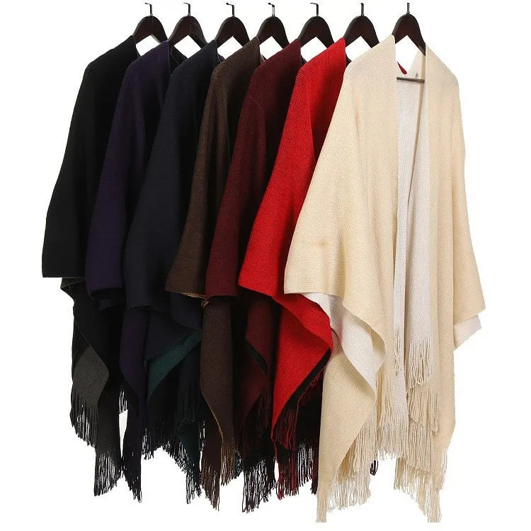 Autumn And Winter Double-sided Knitted Shawl In Stock Warm Shawl Acrylic Tassel Warp Knitted Cape