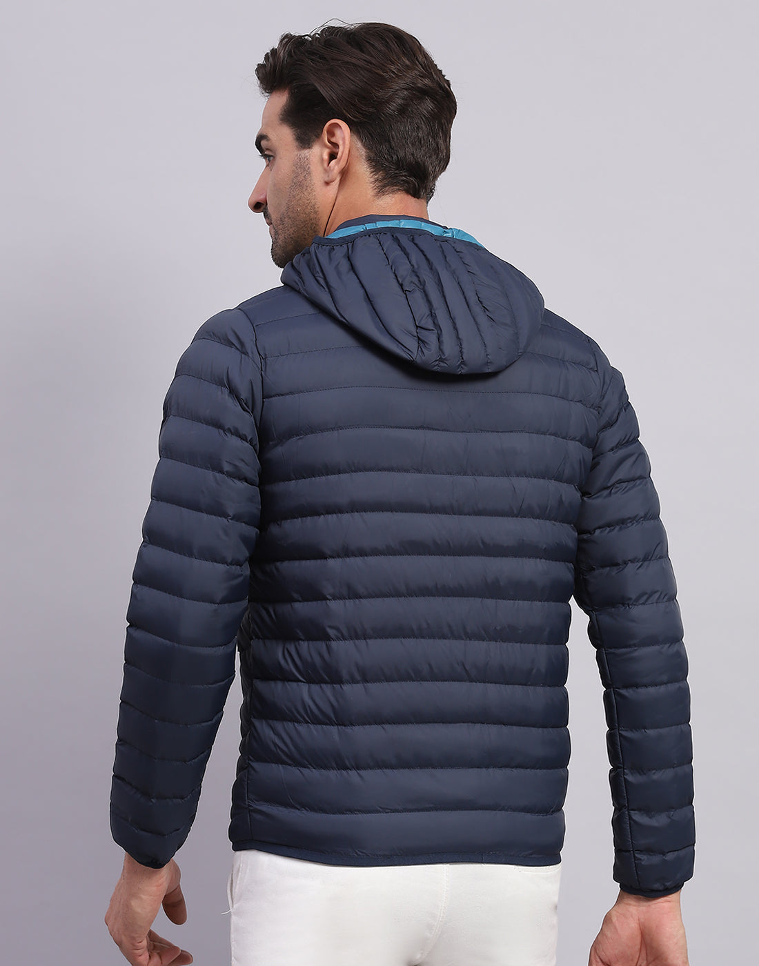 Men Navy Blue Solid Hooded Full Sleeve Jacket