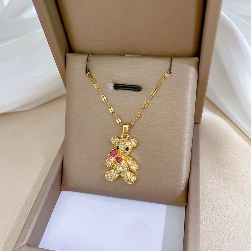 Minimalist Bear Titanium Steel Copper Plating Inlay Zircon Pendant Necklace