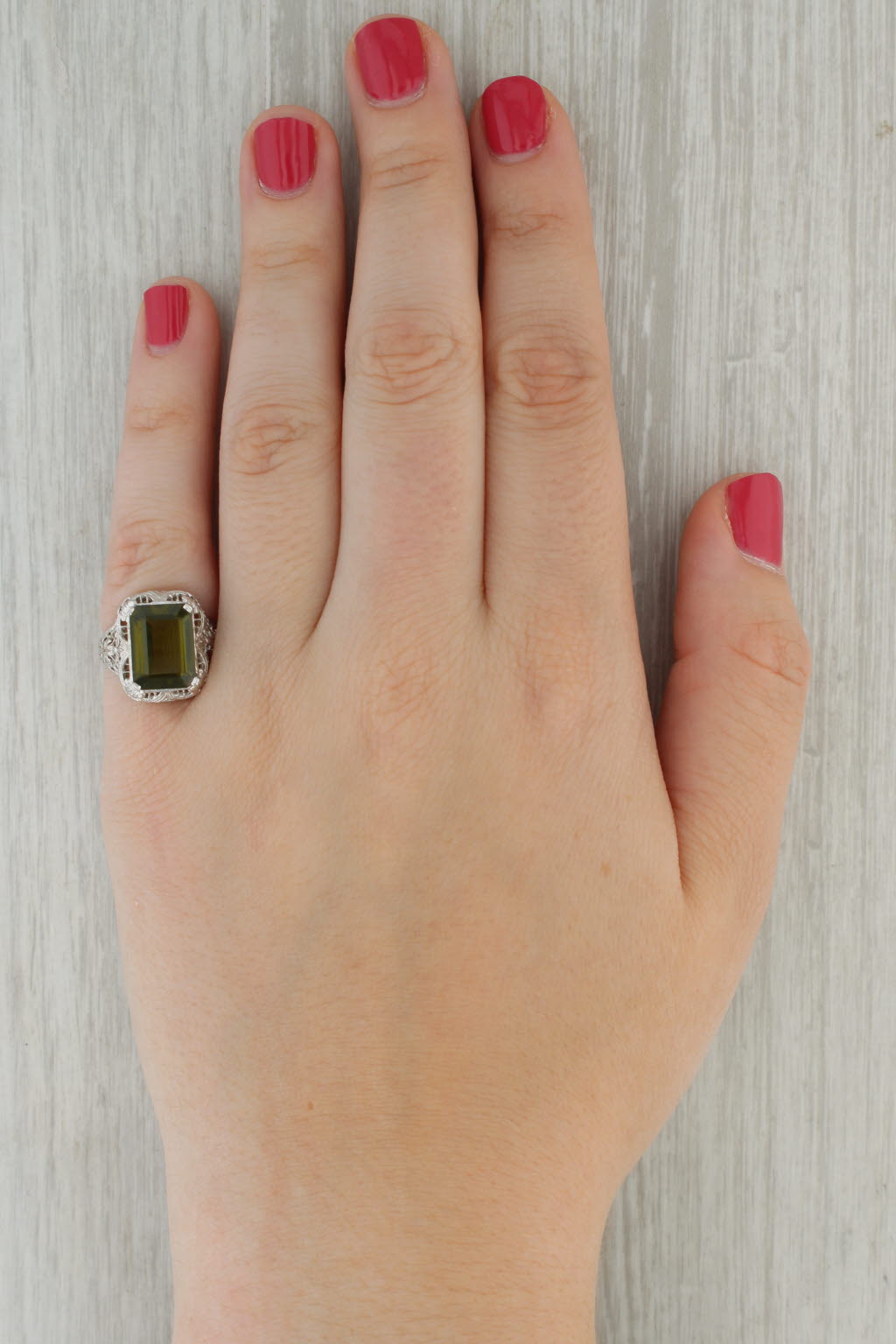 4.40ct Green Tourmaline Solitaire Ring 14k White Gold Filigree Size 5.5