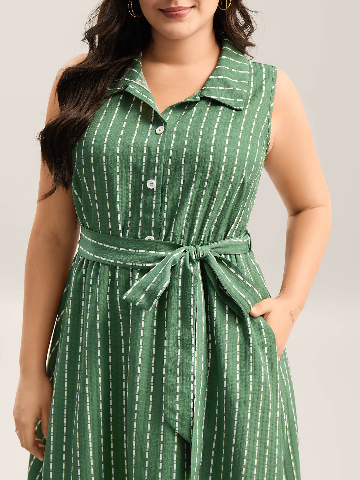 Breezy Stripes Belted Pockets Midi Dress