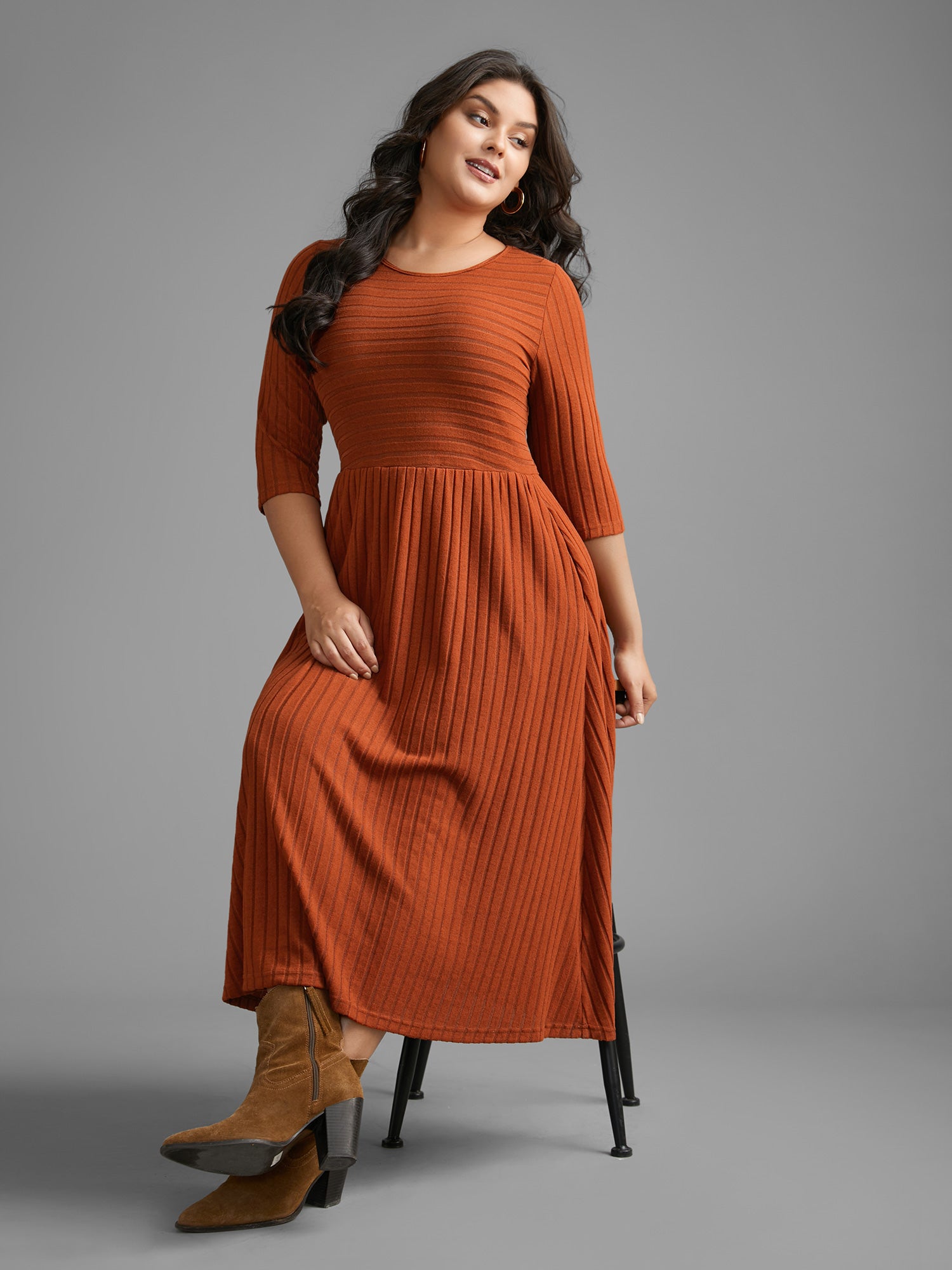 Plain Rib Knit Pocket Midi Dress