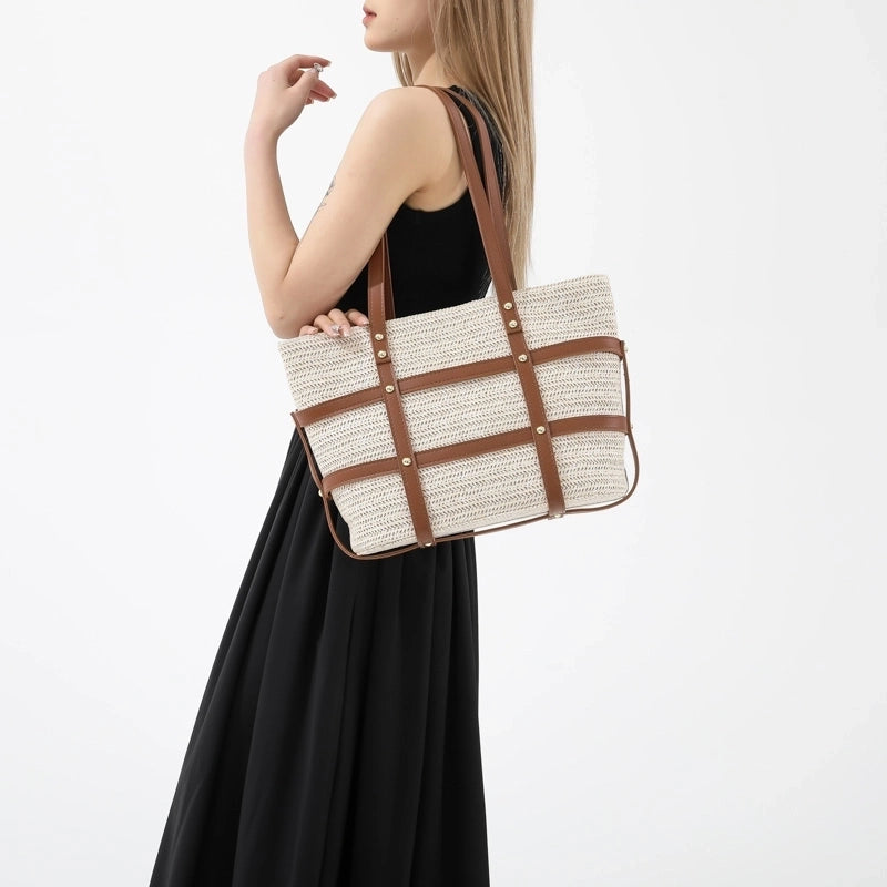 Women's Medium Straw Solid Color Beach Classic Style Weave Zipper Tote Bag