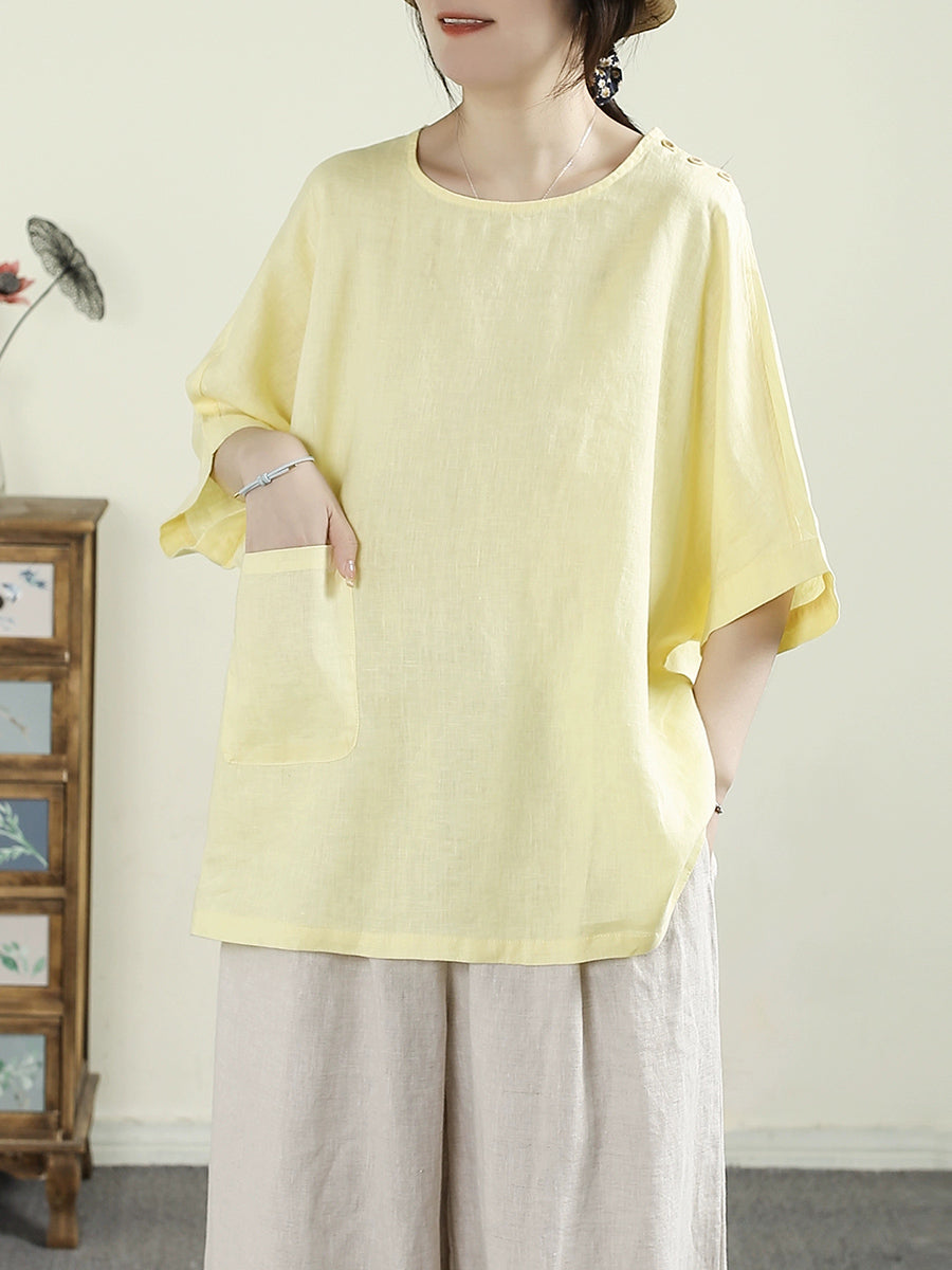 Women Summer Vintage Pure Color O-neck 100%Linen Shirt