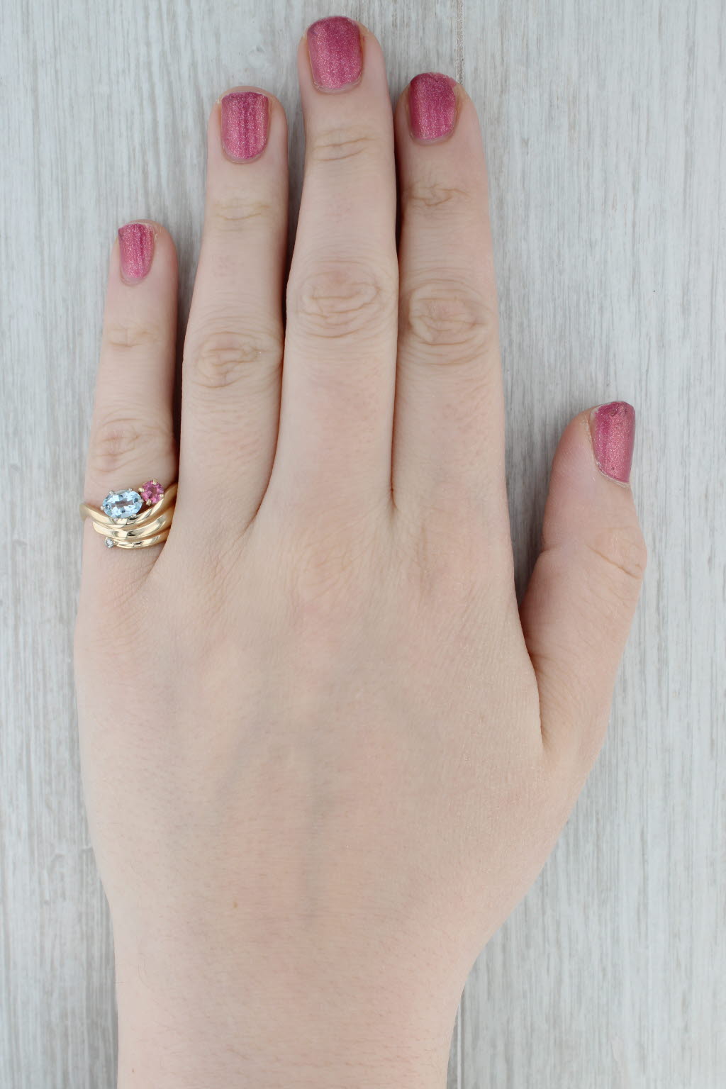 0.97ctw Aquamarine Pink Tourmaline Diamond Ring 14k Yellow Gold Size 6.5