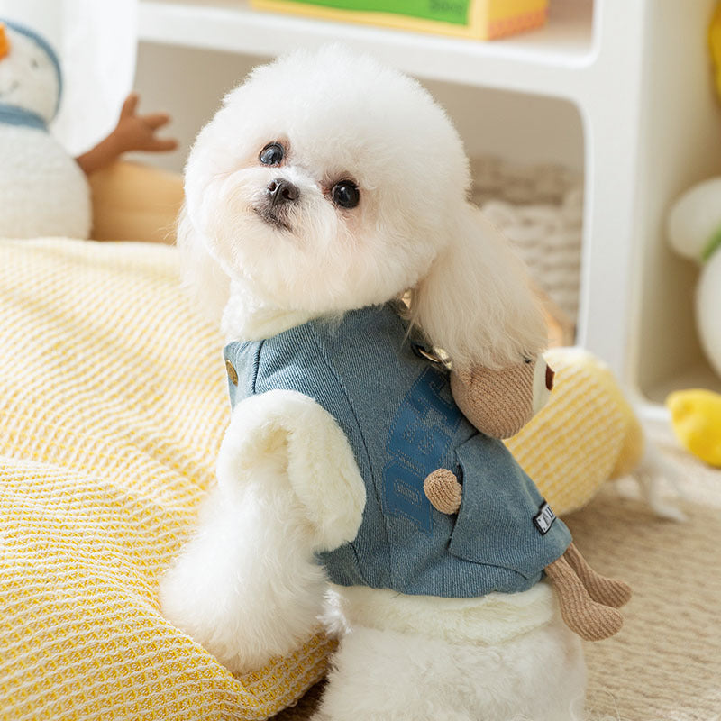 Denim Bear Decor Fleece Dog Harness Jacket