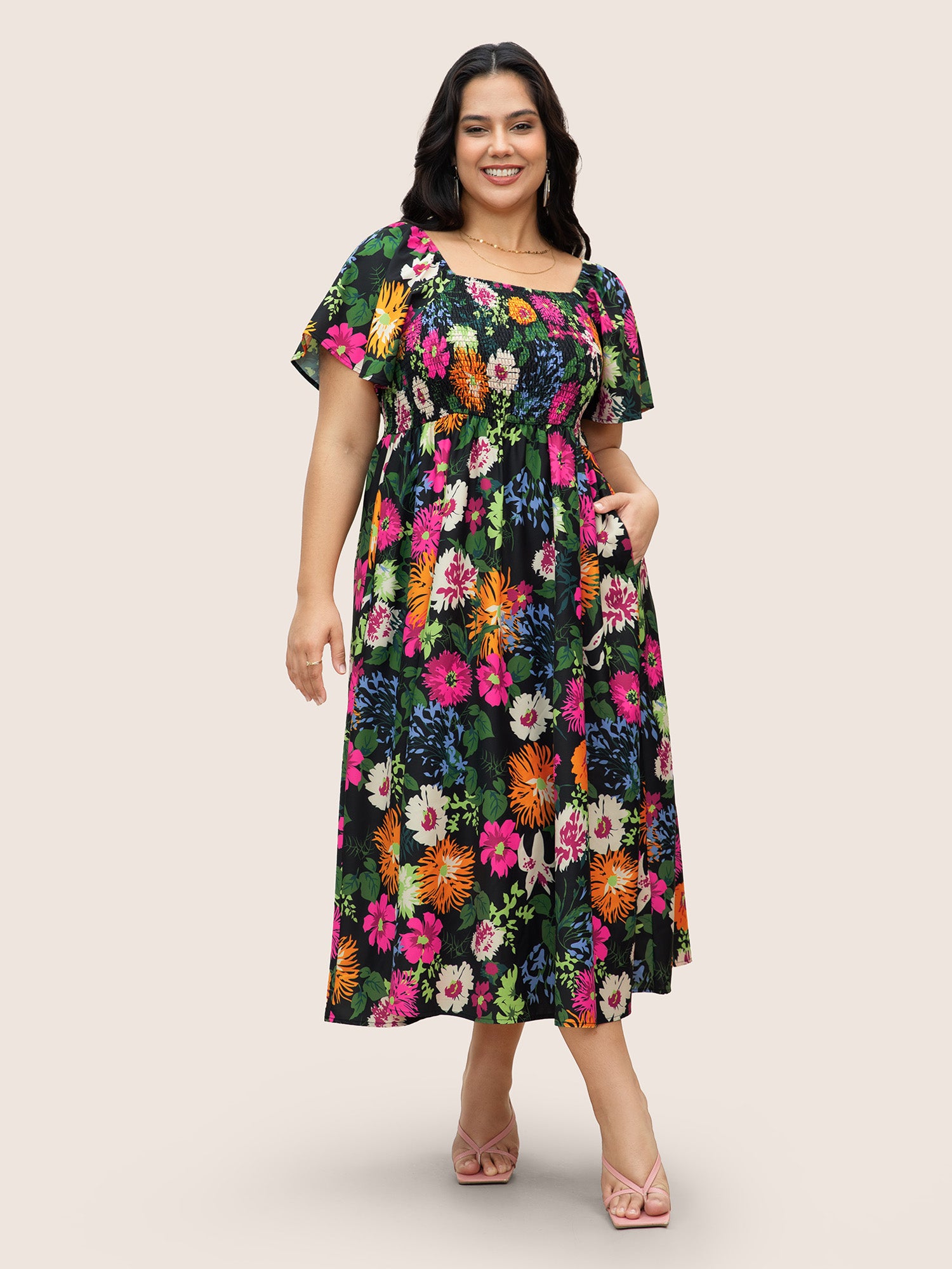 Floral Backless Shirred Square Neck Pocket Ruffle Hem Dress