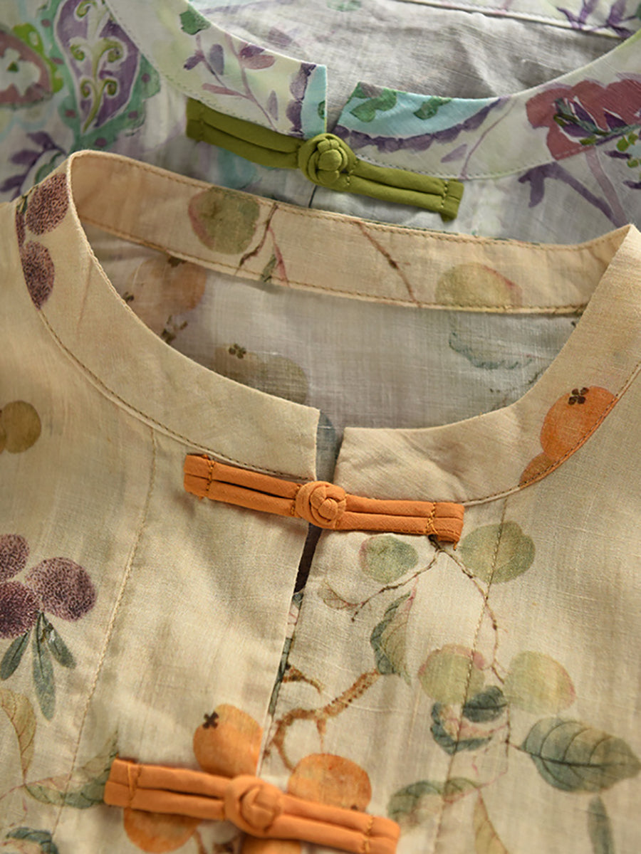 Women Summer Ethnic Flower Stand Collar 100%Raime Shirt
