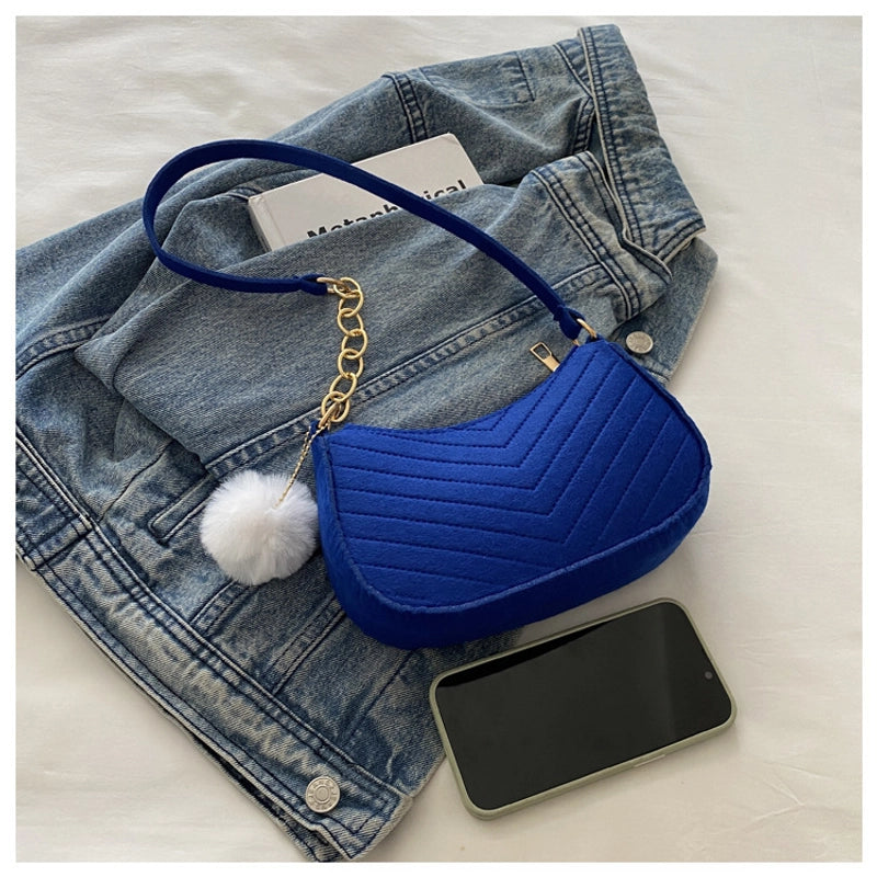 Women's Felt Solid Color Basic Fluff Ball Sewing Thread Dumpling Shape Zipper Shoulder Bag