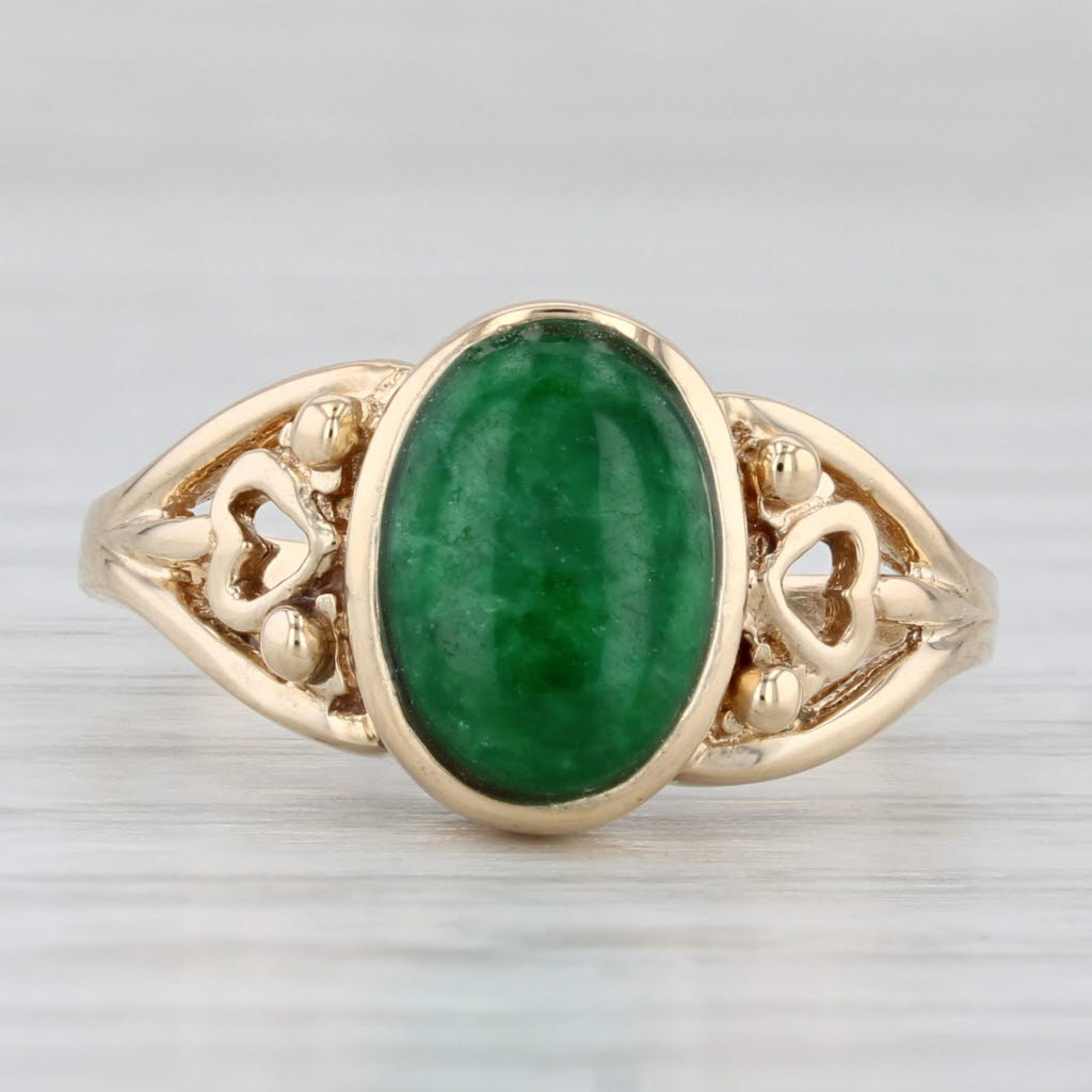 Green Jadeite Jade Oval Cabochon Solitaire Ring 14k Gold Size 6.5 Heart Accents