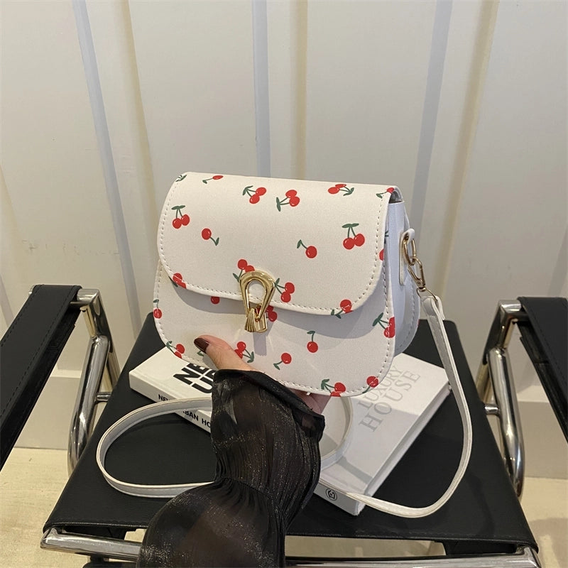 Simple Trendy  Cherry Print Elegant Twist Lock Shoulder Bag Fresh Crossbody Small Square Bag