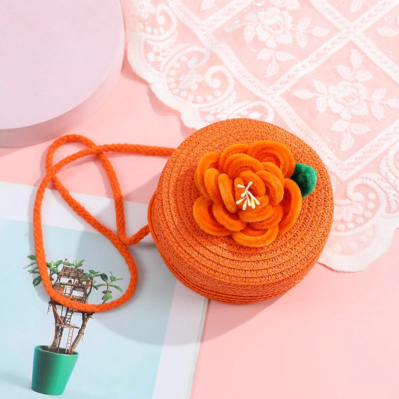 Women's Small Straw Solid Color Flower Vacation Beach Weave Round Zipper Straw Bag